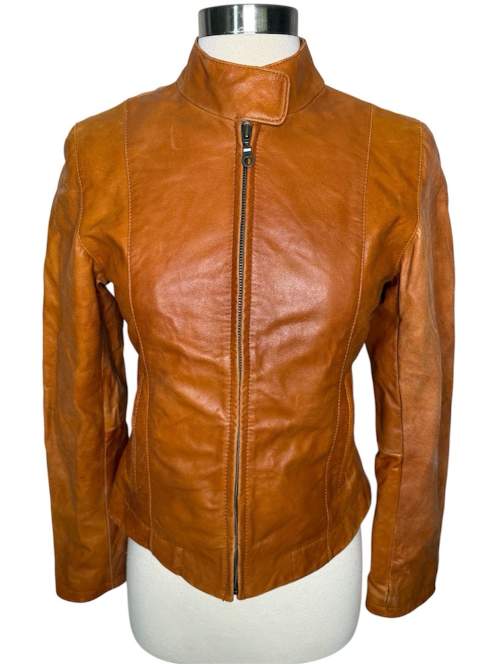 Women's Tan Leather Zip-Front Jacket